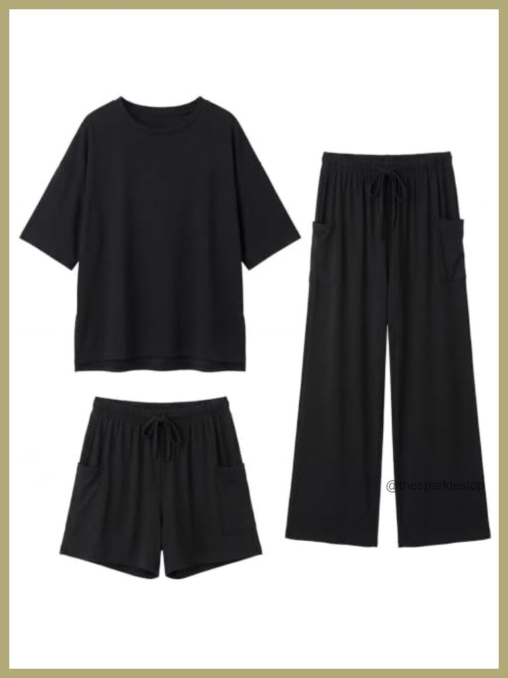 3 Piece Lounge Set Short Sleeve Top Pants Shorts Stretch Casual